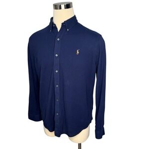 Ralph Lauren Knit Oxford Shirt Men XL Navy Button Down Shirt Long Sleeve Stretch